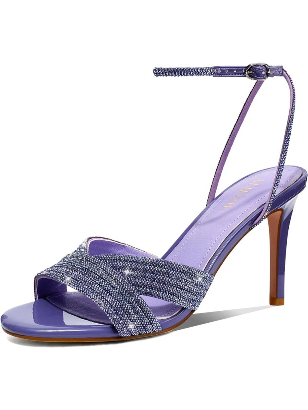Women's Purple Summer Rhinestone Sparkly Round Open Toe Ankle Strap Heel Sandals